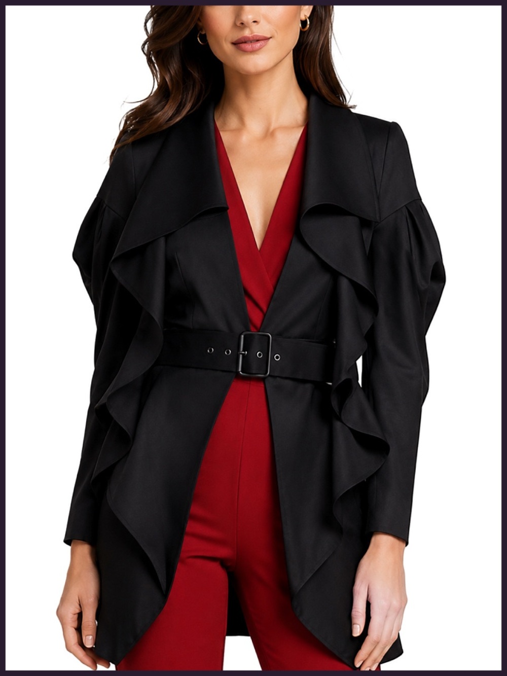 BCBGMaxAzria Black Belted Ruffle Trench Coat | Jacket